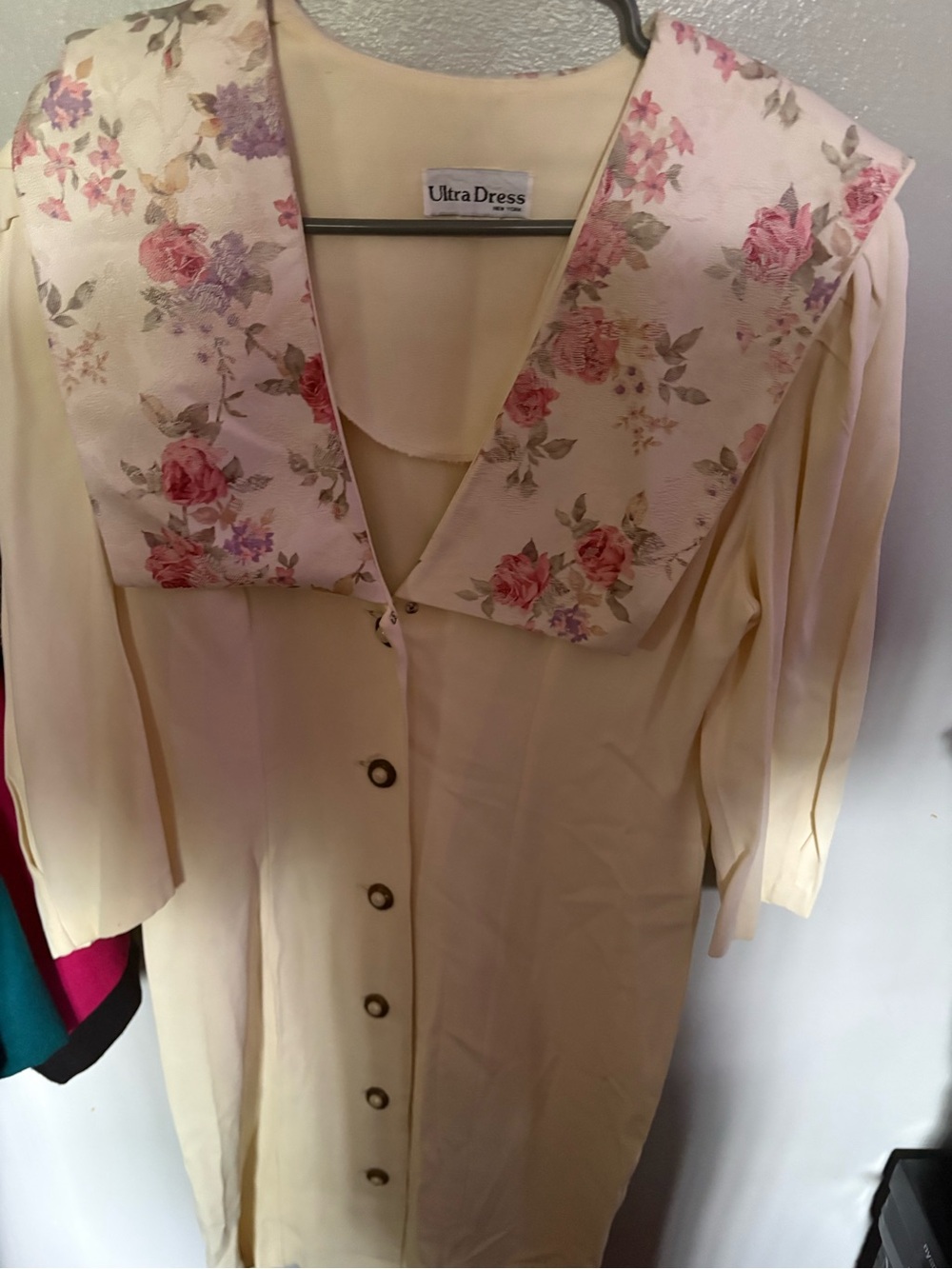 Ultra Dress Collection Cream Dress with Pink Floral Collar